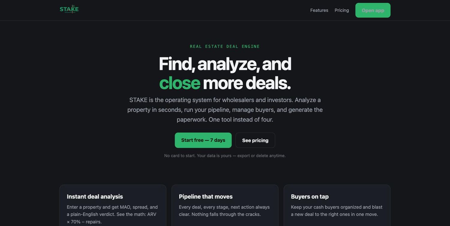 STAKE — Founder · product + deal-math design