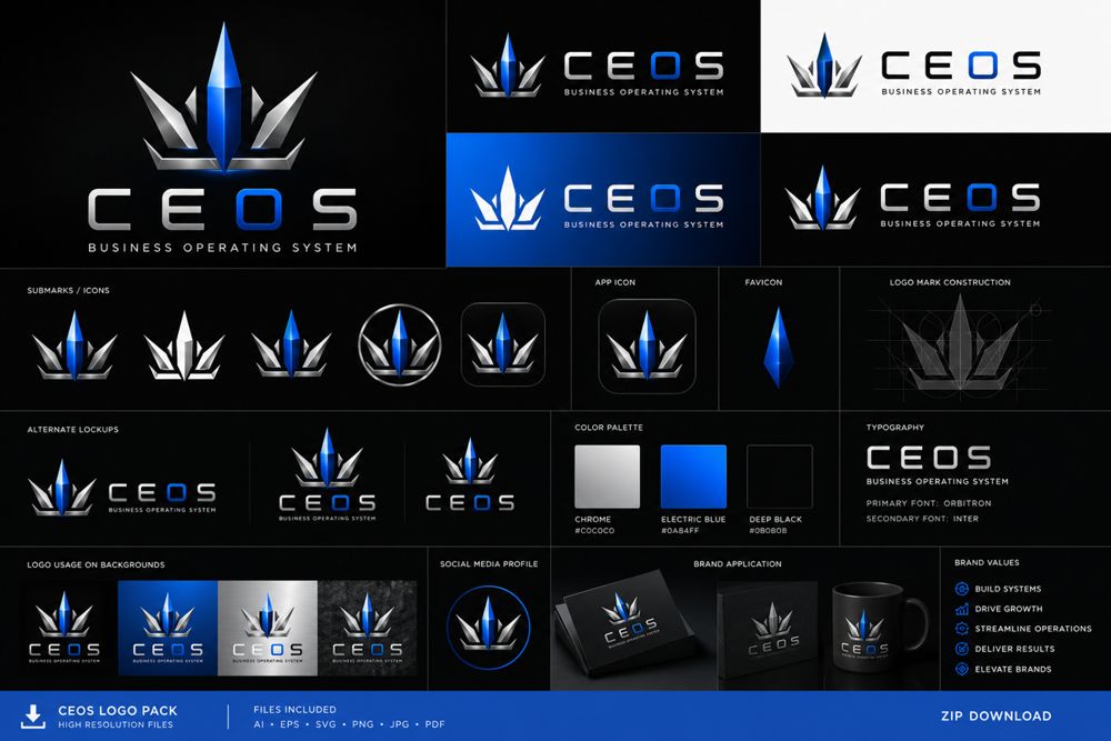 CE OS brand board — logo, colors, and system