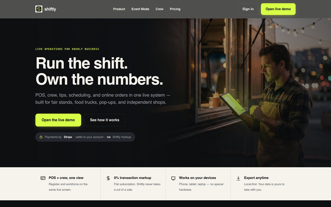 Shiftly marketing site — Run the shift. Own the numbers.